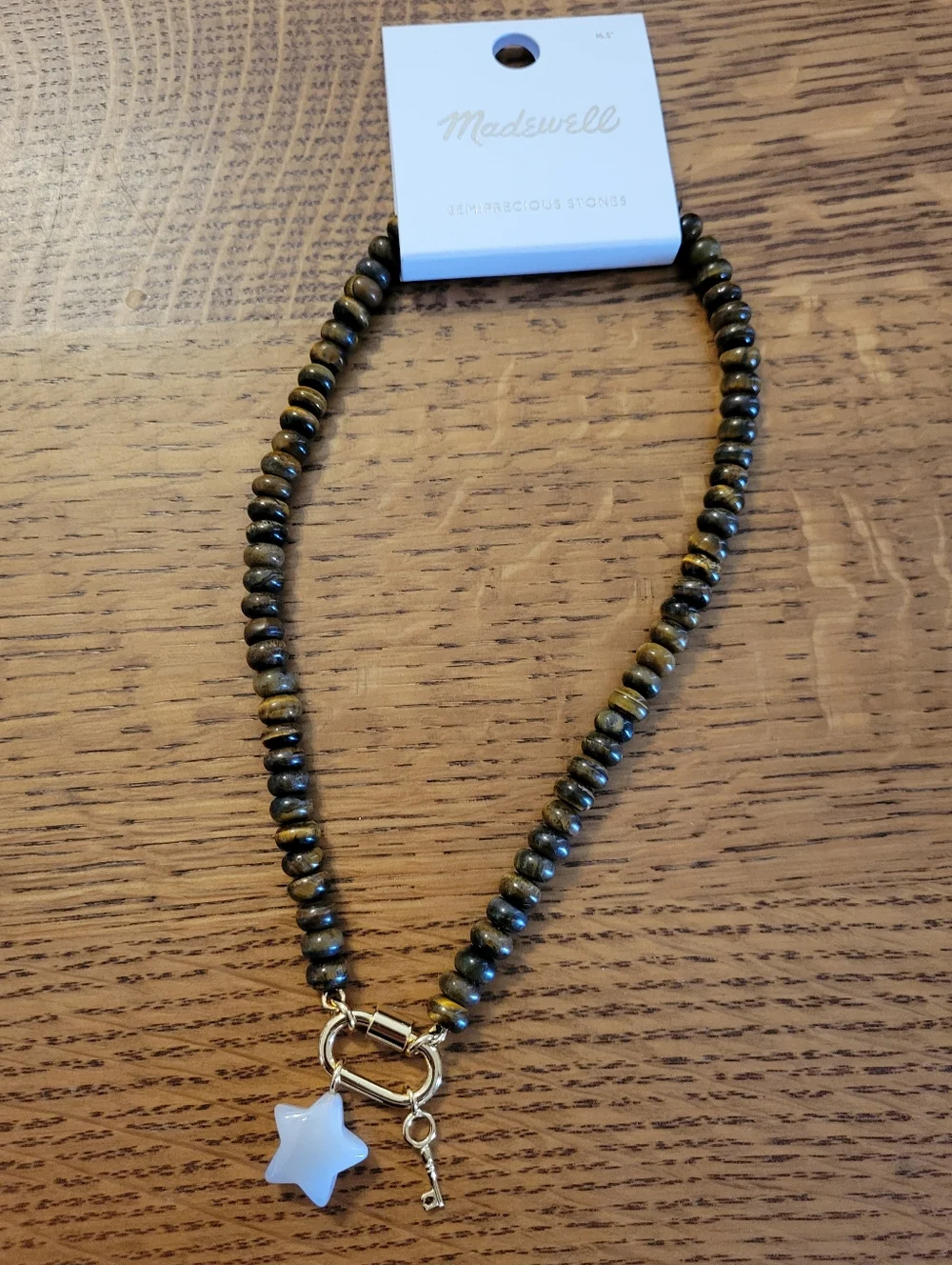 Madewell Semi-precious Beaded Carabiner Charm Necklace - Tiger's Eye/Agate - Picture 5 of 9